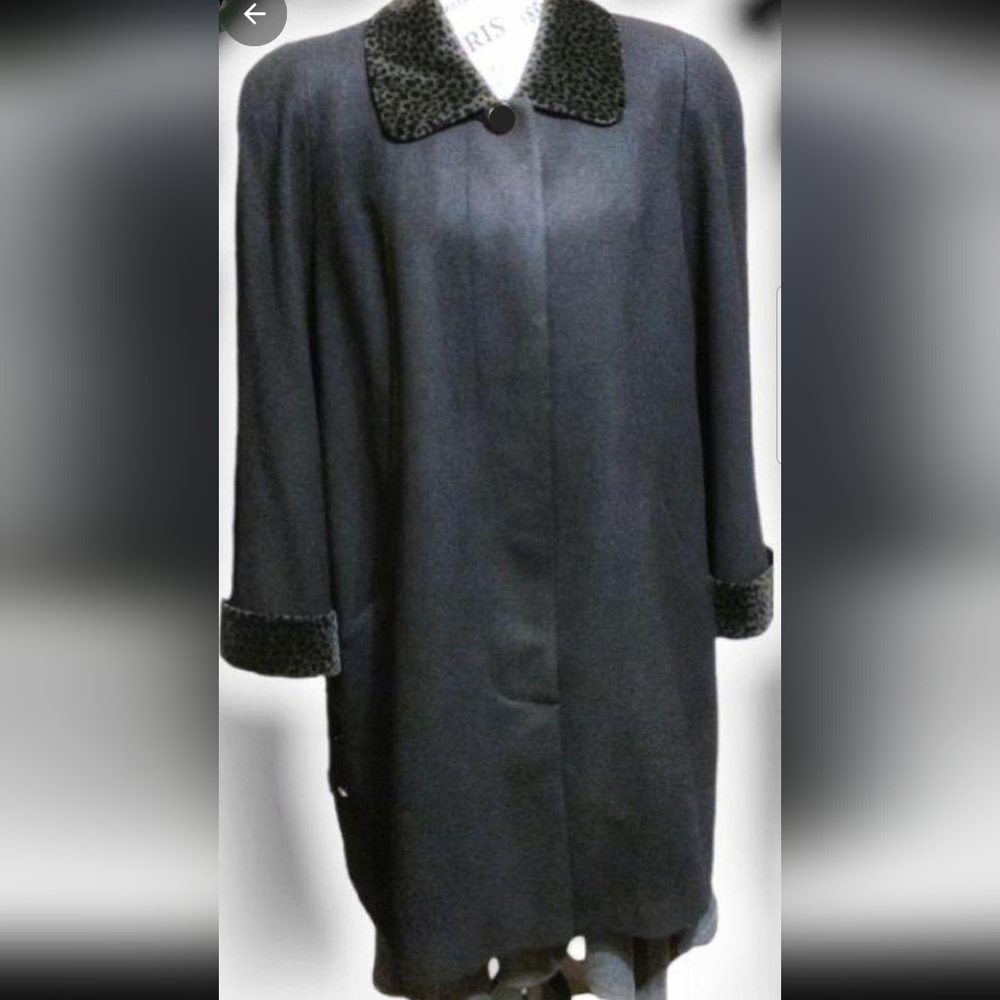 Vintage Alorna Wool 3/4 length Winter Coat, green leopard print collar